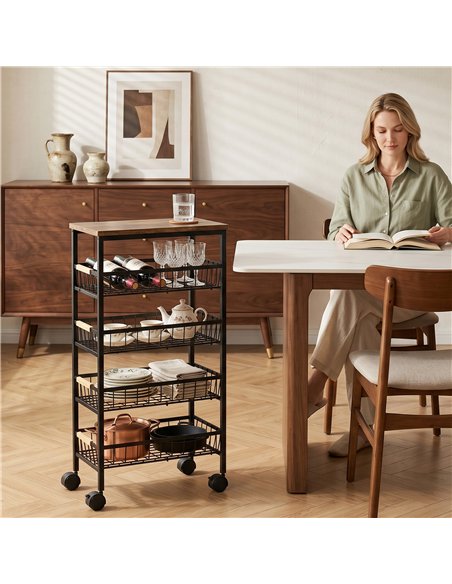 HOMCOM Metal Kitchen Trolley, 4-Tier Storage Trolley with Pull-Out Baskets and 4 Swivel Casters for Kitchen, Rustic Brown - pic 208421 | FastDaddyshop