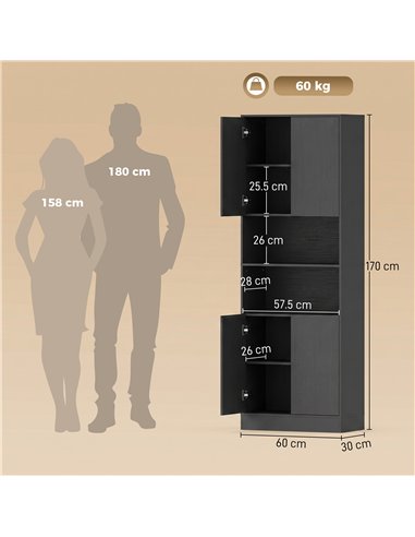 HOMCOM 170 cm Kitchen Pantry Cabinet, Freestanding Storage Cabinet with Soft-Close Hinges, Black Wood Effect