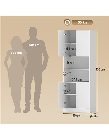 HOMCOM 170 cm Kitchen Pantry Cabinet, Freestanding Storage Cabinet with Soft-Close Hinges, White Wood Effect