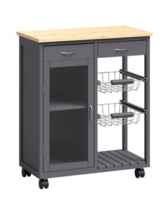 HOMCOM Bamboo Kitchen Island, Rolling Kitchen Trolley with Glass Door, 2 Metal Wire Baskets and Adjustable Shelf, Grey