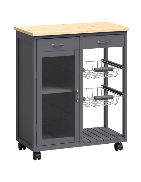 HOMCOM Bamboo Kitchen Island, Rolling Kitchen Trolley with Glass Door, 2 Metal Wire Baskets and Adjustable Shelf, Grey - pic 208440 | FastDaddyshop