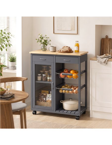 HOMCOM Bamboo Kitchen Island, Rolling Kitchen Trolley with Glass Door, 2 Metal Wire Baskets and Adjustable Shelf, Grey - pic 208441 | FastDaddyshop