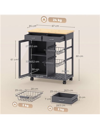 HOMCOM Bamboo Kitchen Island, Rolling Kitchen Trolley with Glass Door, 2 Metal Wire Baskets and Adjustable Shelf, Grey