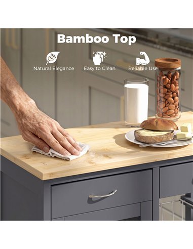 HOMCOM Bamboo Kitchen Island, Rolling Kitchen Trolley with Glass Door, 2 Metal Wire Baskets and Adjustable Shelf, Grey