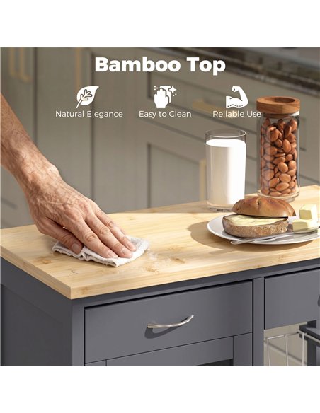 HOMCOM Bamboo Kitchen Island, Rolling Kitchen Trolley with Glass Door, 2 Metal Wire Baskets and Adjustable Shelf, Grey - pic 208443 | FastDaddyshop