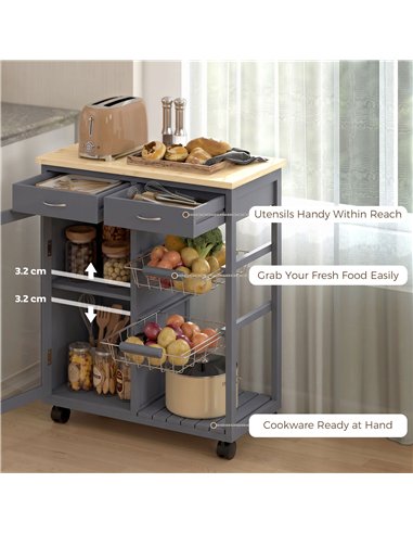 HOMCOM Bamboo Kitchen Island, Rolling Kitchen Trolley with Glass Door, 2 Metal Wire Baskets and Adjustable Shelf, Grey