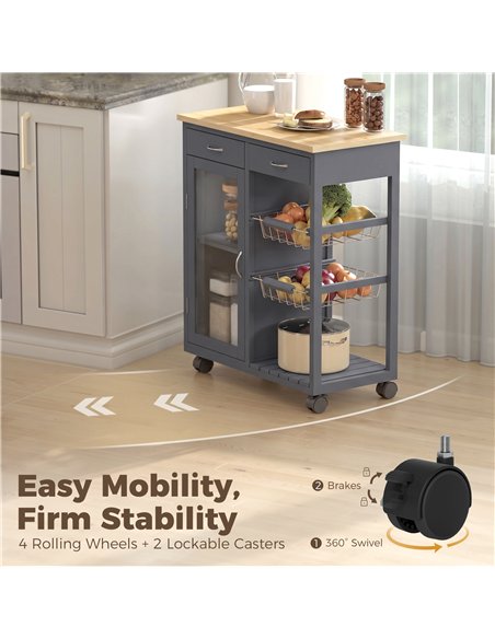 HOMCOM Bamboo Kitchen Island, Rolling Kitchen Trolley with Glass Door, 2 Metal Wire Baskets and Adjustable Shelf, Grey - pic 208445 | FastDaddyshop