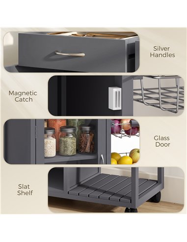 HOMCOM Bamboo Kitchen Island, Rolling Kitchen Trolley with Glass Door, 2 Metal Wire Baskets and Adjustable Shelf, Grey