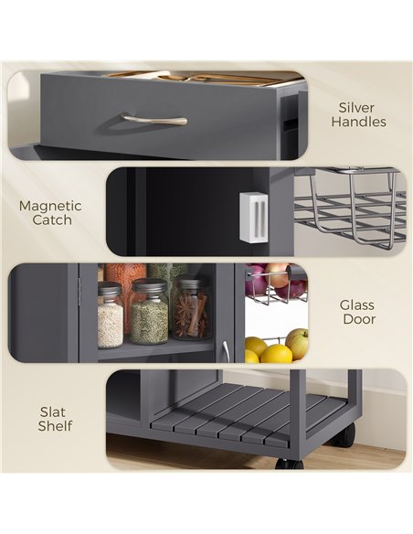 HOMCOM Bamboo Kitchen Island, Rolling Kitchen Trolley with Glass Door, 2 Metal Wire Baskets and Adjustable Shelf, Grey - pic 208446 | FastDaddyshop