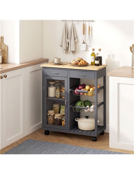 HOMCOM Bamboo Kitchen Island, Rolling Kitchen Trolley with Glass Door, 2 Metal Wire Baskets and Adjustable Shelf, Grey - pic 208447 | FastDaddyshop