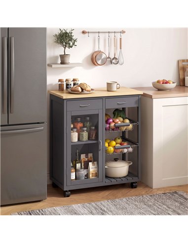 HOMCOM Bamboo Kitchen Island, Rolling Kitchen Trolley with Glass Door, 2 Metal Wire Baskets and Adjustable Shelf, Grey