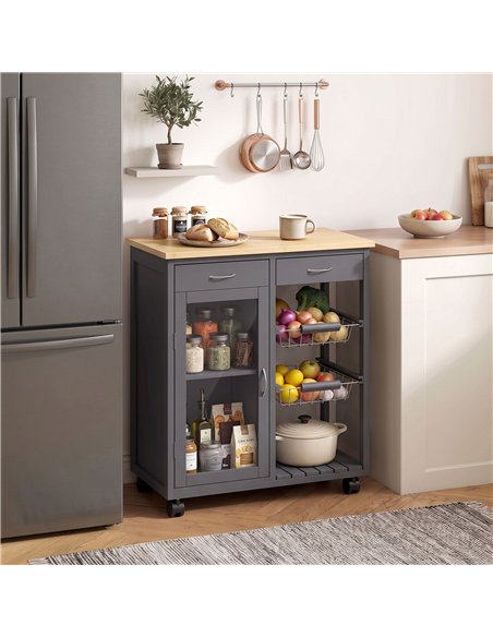 HOMCOM Bamboo Kitchen Island, Rolling Kitchen Trolley with Glass Door, 2 Metal Wire Baskets and Adjustable Shelf, Grey - pic 208448 | FastDaddyshop