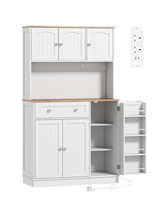 HOMCOM 173 cm Tall Kitchen Cupboard with Charging Station, Pantry Storage Cabinet with Adjustable Shelves and 4 Door Racks
