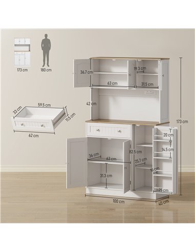 HOMCOM 173 cm Tall Kitchen Cupboard with Charging Station, Pantry Storage Cabinet with Adjustable Shelves and 4 Door Racks