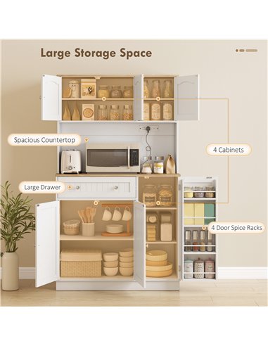 HOMCOM 173 cm Tall Kitchen Cupboard with Charging Station, Pantry Storage Cabinet with Adjustable Shelves and 4 Door Racks