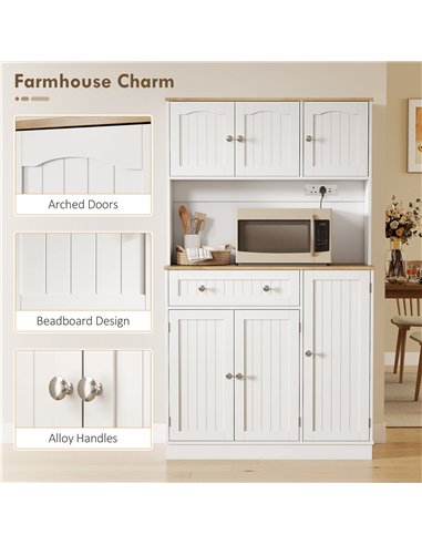HOMCOM 173 cm Tall Kitchen Cupboard with Charging Station, Pantry Storage Cabinet with Adjustable Shelves and 4 Door Racks