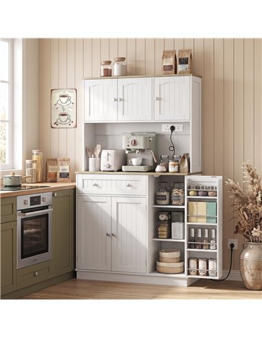 HOMCOM 173 cm Tall Kitchen Cupboard with Charging Station, Pantry Storage Cabinet with Adjustable Shelves and 4 Door Racks