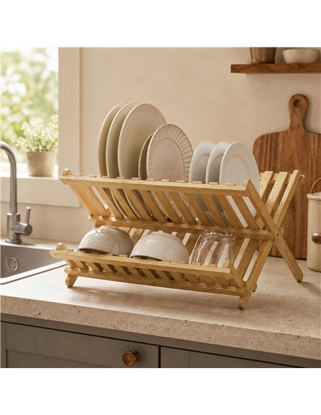 HOMCOM Kitchen Storage Unit, 2-Tier Foldable Kitchen Storage Rack with Slatted Draining Shelves, Natural Wood Finish - pic 208459 | FastDaddyshop