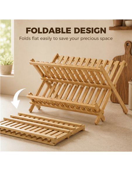 HOMCOM Kitchen Storage Unit, 2-Tier Foldable Kitchen Storage Rack with Slatted Draining Shelves, Natural Wood Finish - pic 208461 | FastDaddyshop