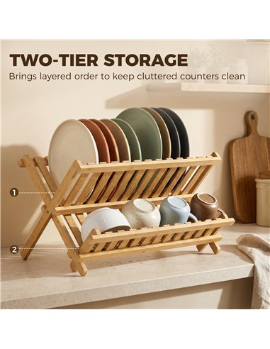 HOMCOM Kitchen Storage Unit, 2-Tier Foldable Kitchen Storage Rack with Slatted Draining Shelves, Natural Wood Finish