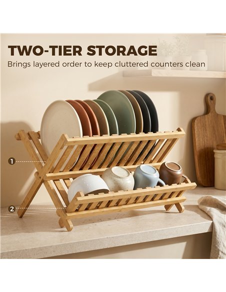 HOMCOM Kitchen Storage Unit, 2-Tier Foldable Kitchen Storage Rack with Slatted Draining Shelves, Natural Wood Finish - pic 208463 | FastDaddyshop