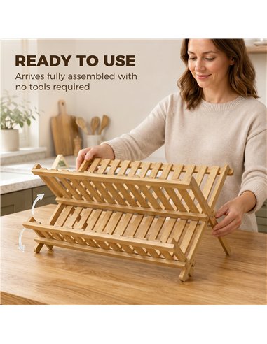 HOMCOM Kitchen Storage Unit, 2-Tier Foldable Kitchen Storage Rack with Slatted Draining Shelves, Natural Wood Finish