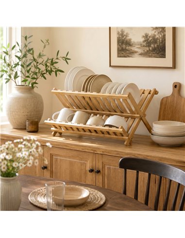 HOMCOM Kitchen Storage Unit, 2-Tier Foldable Kitchen Storage Rack with Slatted Draining Shelves, Natural Wood Finish