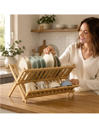 HOMCOM Kitchen Storage Unit, 2-Tier Foldable Kitchen Storage Rack with Slatted Draining Shelves, Natural Wood Finish