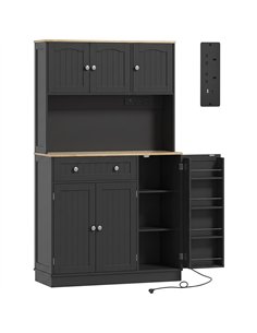 HOMCOM 173 cm Tall Kitchen Cupboard with Charging Station, Pantry Storage Cabinet with Adjustable Shelves and 4 Door Racks