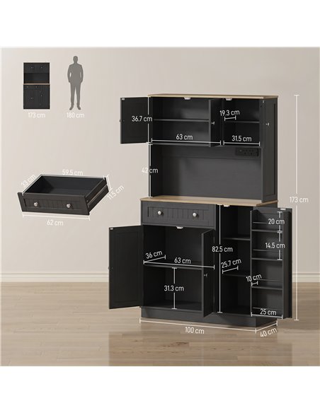 HOMCOM 173 cm Tall Kitchen Cupboard with Charging Station, Pantry Storage Cabinet with Adjustable Shelves and 4 Door Racks - pic 208469 | FastDaddyshop