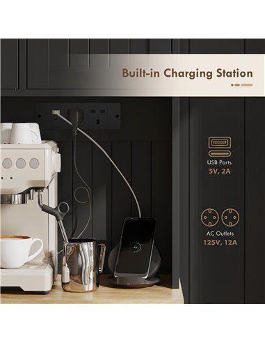 HOMCOM 173 cm Tall Kitchen Cupboard with Charging Station, Pantry Storage Cabinet with Adjustable Shelves and 4 Door Racks