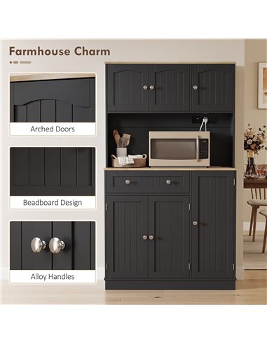 HOMCOM 173 cm Tall Kitchen Cupboard with Charging Station, Pantry Storage Cabinet with Adjustable Shelves and 4 Door Racks