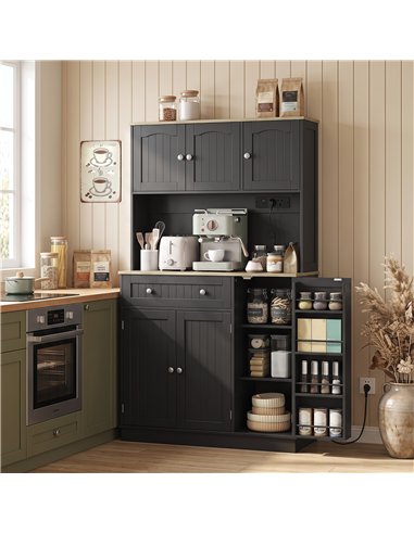 HOMCOM 173 cm Tall Kitchen Cupboard with Charging Station, Pantry Storage Cabinet with Adjustable Shelves and 4 Door Racks