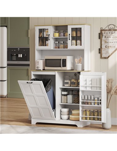 HOMCOM 175cm Tall Kitchen Cabinet, Kitchen Cupboard with Rubbish Bin Cabinet, 3 Door Shelves and 2 Acrylic Doors, White