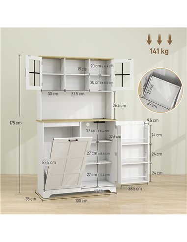 HOMCOM 175cm Tall Kitchen Cabinet, Kitchen Cupboard with Rubbish Bin Cabinet, 3 Door Shelves and 2 Acrylic Doors, White