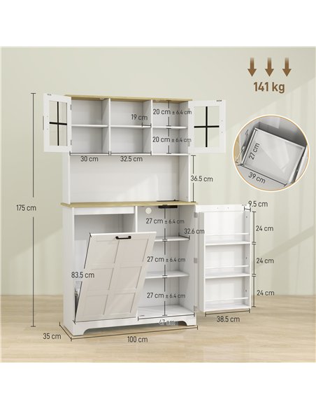 HOMCOM 175cm Tall Kitchen Cabinet, Kitchen Cupboard with Rubbish Bin Cabinet, 3 Door Shelves and 2 Acrylic Doors, White - pic 208478 | FastDaddyshop