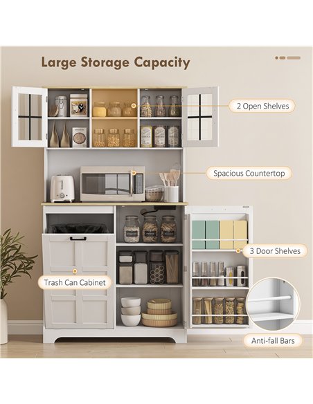 HOMCOM 175cm Tall Kitchen Cabinet, Kitchen Cupboard with Rubbish Bin Cabinet, 3 Door Shelves and 2 Acrylic Doors, White - pic 208480 | FastDaddyshop