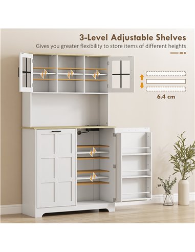 HOMCOM 175cm Tall Kitchen Cabinet, Kitchen Cupboard with Rubbish Bin Cabinet, 3 Door Shelves and 2 Acrylic Doors, White