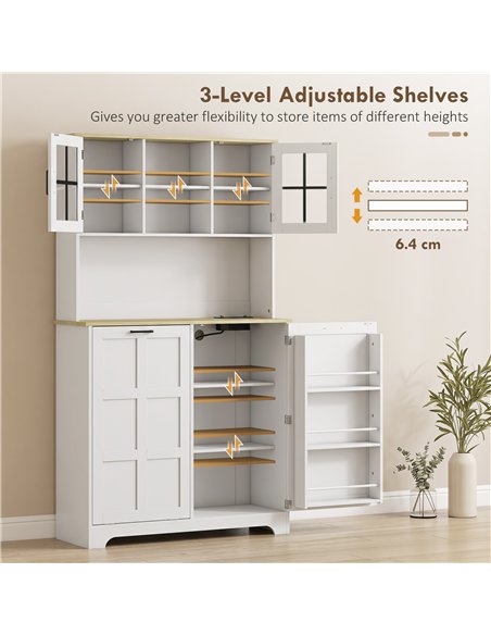 HOMCOM 175cm Tall Kitchen Cabinet, Kitchen Cupboard with Rubbish Bin Cabinet, 3 Door Shelves and 2 Acrylic Doors, White - pic 208482 | FastDaddyshop