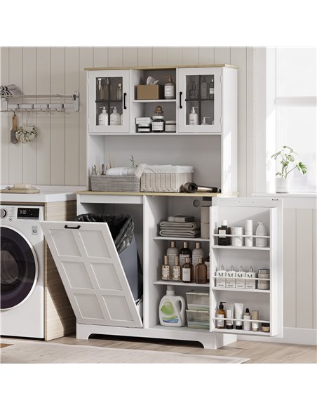HOMCOM 175cm Tall Kitchen Cabinet, Kitchen Cupboard with Rubbish Bin Cabinet, 3 Door Shelves and 2 Acrylic Doors, White - pic 208483 | FastDaddyshop
