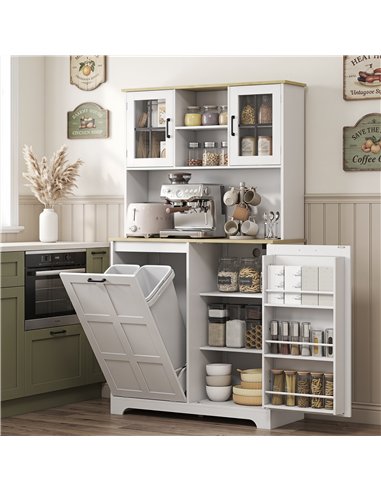HOMCOM 175cm Tall Kitchen Cabinet, Kitchen Cupboard with Rubbish Bin Cabinet, 3 Door Shelves and 2 Acrylic Doors, White