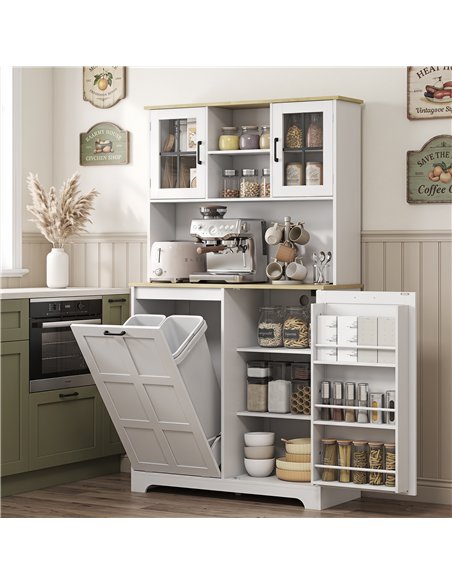 HOMCOM 175cm Tall Kitchen Cabinet, Kitchen Cupboard with Rubbish Bin Cabinet, 3 Door Shelves and 2 Acrylic Doors, White - pic 208484 | FastDaddyshop