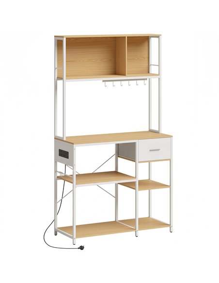 HOMCOM Kitchen Storage Rack with Power Outlet, USB and Type-C Ports, Drawer, Shelves and 4 Hooks, Oak and White - pic 208485 | FastDaddyshop