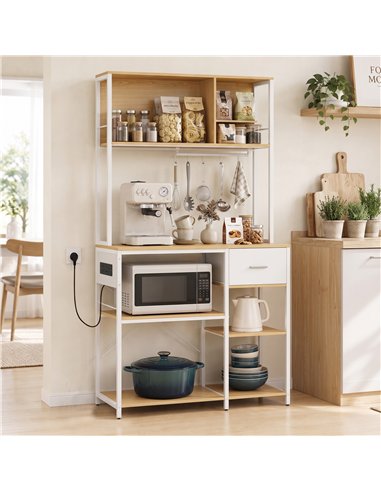 HOMCOM Kitchen Storage Rack with Power Outlet, USB and Type-C Ports, Drawer, Shelves and 4 Hooks, Oak and White