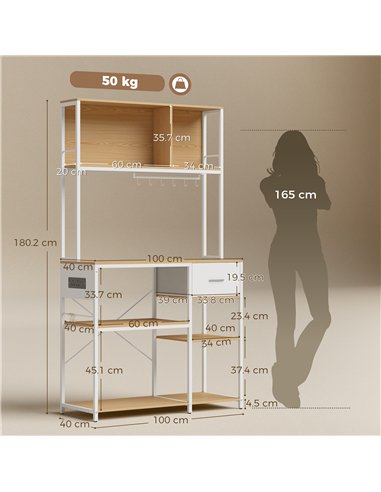 HOMCOM Kitchen Storage Rack with Power Outlet, USB and Type-C Ports, Drawer, Shelves and 4 Hooks, Oak and White