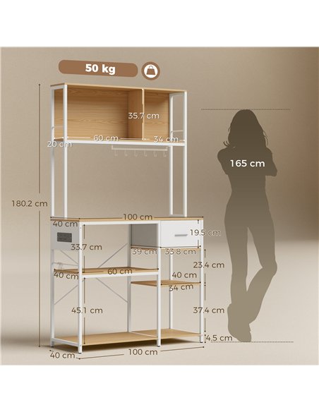 HOMCOM Kitchen Storage Rack with Power Outlet, USB and Type-C Ports, Drawer, Shelves and 4 Hooks, Oak and White - pic 208487 | FastDaddyshop