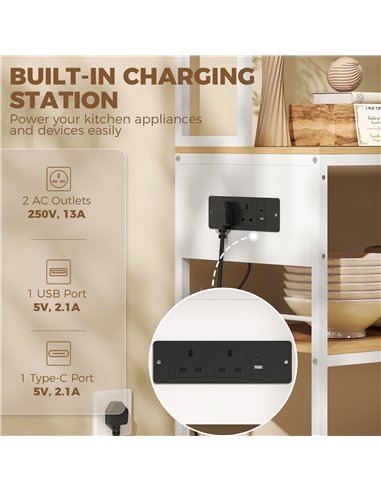 HOMCOM Kitchen Storage Rack with Power Outlet, USB and Type-C Ports, Drawer, Shelves and 4 Hooks, Oak and White