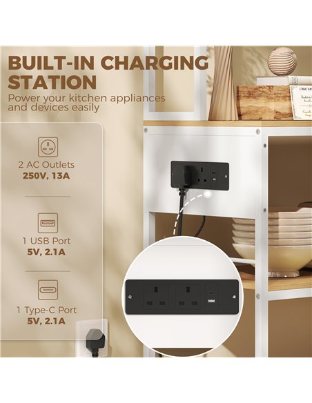 HOMCOM Kitchen Storage Rack with Power Outlet, USB and Type-C Ports, Drawer, Shelves and 4 Hooks, Oak and White - pic 208488 | FastDaddyshop
