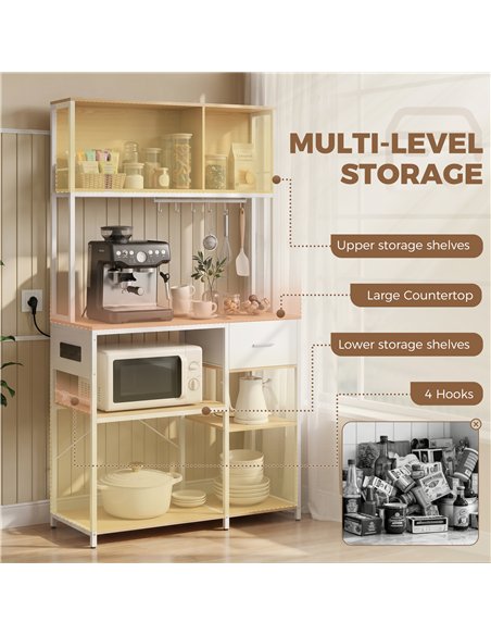 HOMCOM Kitchen Storage Rack with Power Outlet, USB and Type-C Ports, Drawer, Shelves and 4 Hooks, Oak and White - pic 208489 | FastDaddyshop