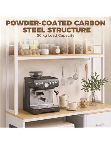 HOMCOM Kitchen Storage Rack with Power Outlet, USB and Type-C Ports, Drawer, Shelves and 4 Hooks, Oak and White